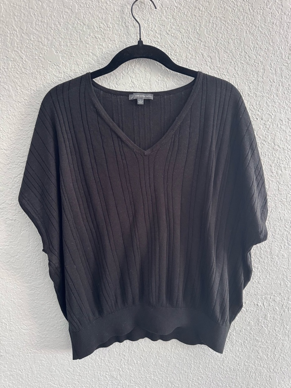 Adrianna Papell Black Ribbed Dolman Sleeve Sweater V Neck Oversized Knit Top L